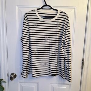 Talbots Black and White Striped Long Sleeve Tee with Embroidered Snowflakes